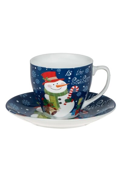 SHOPIENS Porcelain Cup & Saucer Set, Christmas Snowman, Blue, 220ml