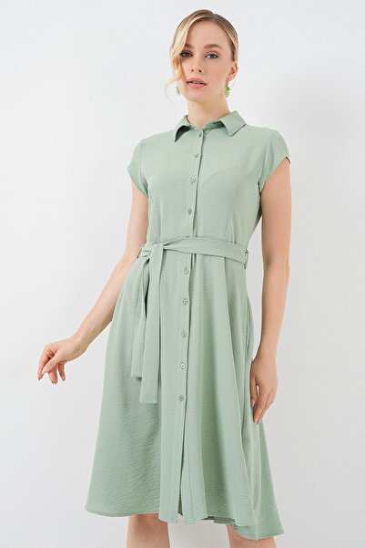 Hiccup Bdart Belt Detailed Buttoned Shirt Collar A-Line Midi Dress