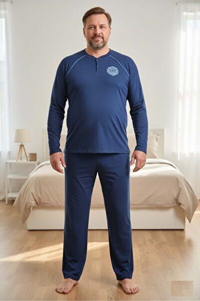 embody Men's cotton long pyjamas, large size, navy blue