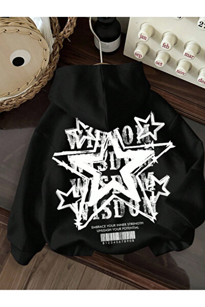 Framgan Unisex Kadın/Erkek Y2k Yıldız Baskılı Kapüşonlu Pamuklu Sweatshirt Ho...