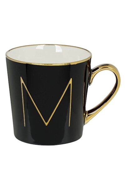 OEM New bone black mug with letter M, gold rim and handle, 460 ml