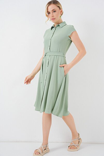 Hiccup Bdart Belt Detailed Buttoned Shirt Collar A-Line Midi Dress
