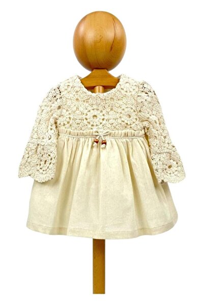 Dumledo Vintage Guipure Detailed Beige Baby Girl Dress