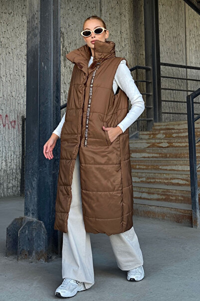 bacc Γυναικείο μακρύ καπιτονέ φουσκωτό γιλέκο καφέ κανέλας BCVL-25NY08