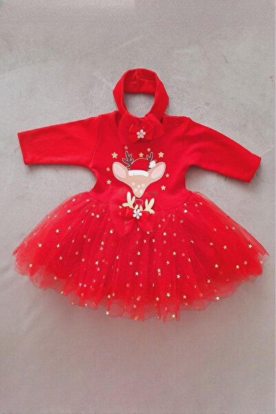 Dumledo Yılbaşı Geyik Figürlü Kırmızı Tütü Yeni Yıl Bandana ve Elbise 2'li Kız Bebek Takım