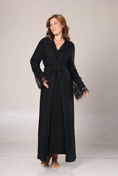 Lohussa Kadın Siyah Jakarlı Dantel Detaylı Tam Boy Kışlık Uzun Kol Tasarım Lohusa Hamile Sabahlık GecelikSet