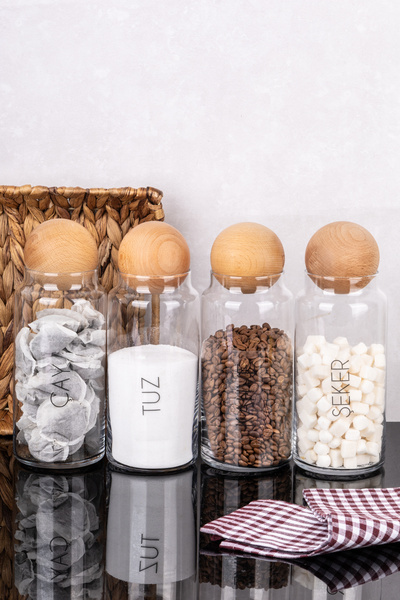 dnshome 4'lü Çay Şeker Kahve Tuz Saklama Kavanozu Ahşap Top Kapaklı Cam Sakla...