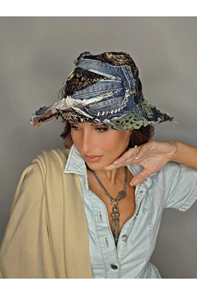 Senbeno Design ÖZGÜN TASARIM PATCHWORK JEAN KOT DETAYLI FEDORA KADIN FÖTR ŞAPKA