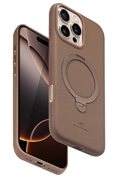 Fuchsia iPhone 16 Pro Max Vapor Deri Magsafe Standlı Kılıf - Gold