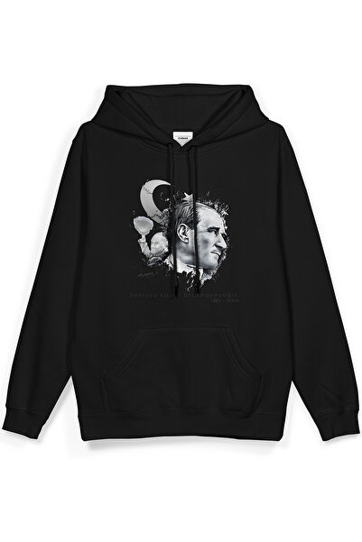 Overoz 10 November Atatürk Printed Hooded Oversize Sweatshirt Black Hoodie H1236