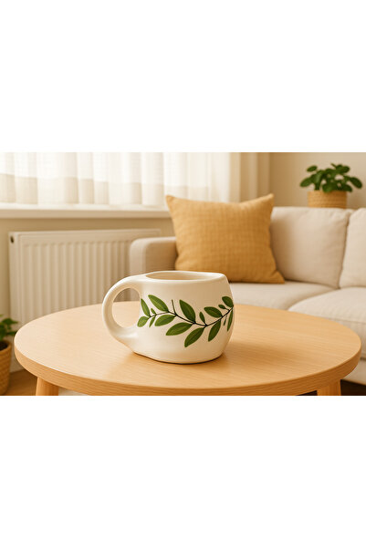 Kotium Ceramics İSKANDİNAV KUPA YEŞİL Yaprak Desenli Özel Kabartmalı Tamamıyla El Yapımı Seramik Kupa