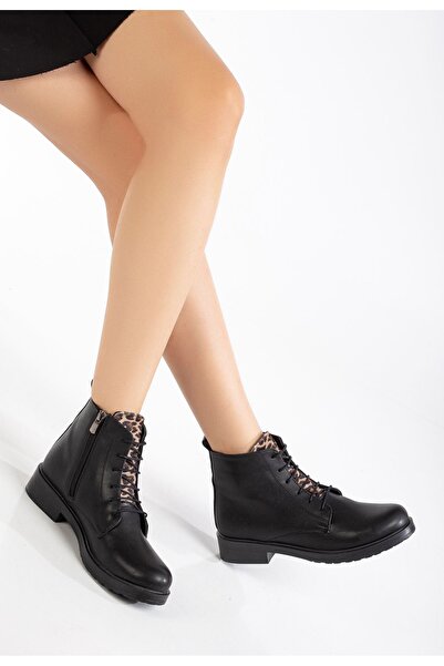 Budi 165-225 Black to Leopard Print Lace-Up Zippered Casual Women's Boots - Copy