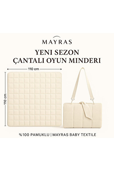 Mayras Cotton Baby %100 Pamuklu Bebek/Çocuk Kare Çanta Taşımalı Ekru Renk Oyun Minderi 110cmx110cm
