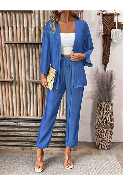 Kokosh moda Set de două piese pentru femei, cu mâneci lungi, cu față deschisă, țesute și pantaloni