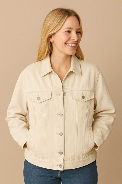 MODAAVM Krem Renkli Çok Şık Cepli Kot Ceket