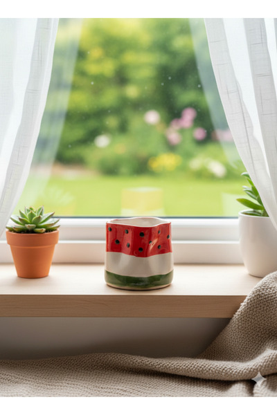 Kotium Ceramics Amorf Mug Watermelon Pattern Fully Handmade Custom Embossed Hand Embroidered Ceramic Mug