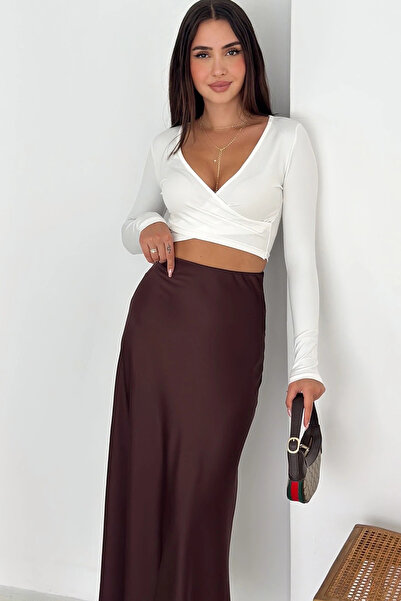 Meine Liebe Unterwäsche تنورة ساتان متدلية بسحاب جانبي بلون بني غامق