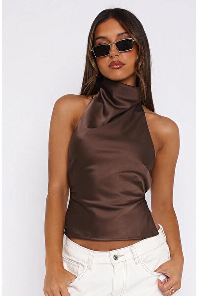 Linich&Co Satin Degaje Collar Backless Brown Blouse 9157