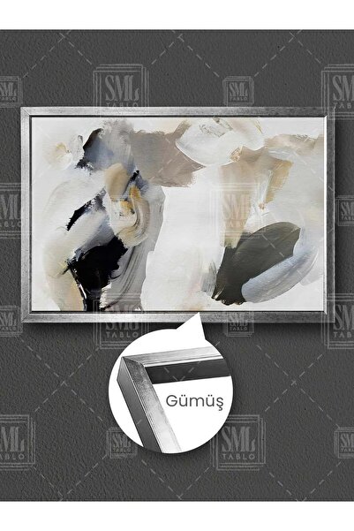 SML TABLO Soyut Modern Dekor Krem Ve Siyah Fırça İzleri Abstract Dekor Çerçev...
