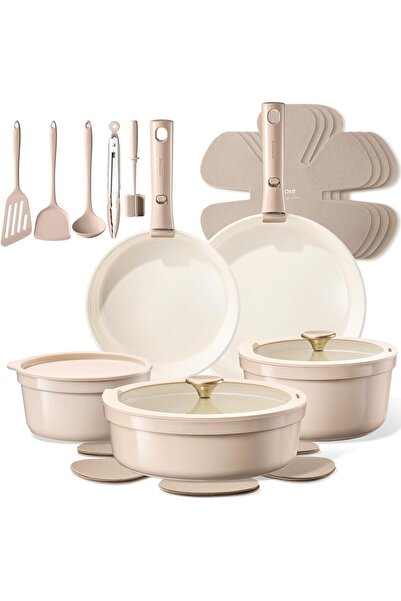 CAROTE مجموعة أواني طهي سيراميكية غير لاصقة مكونة من 20 قطعة مع مقابض قابلة للفصل