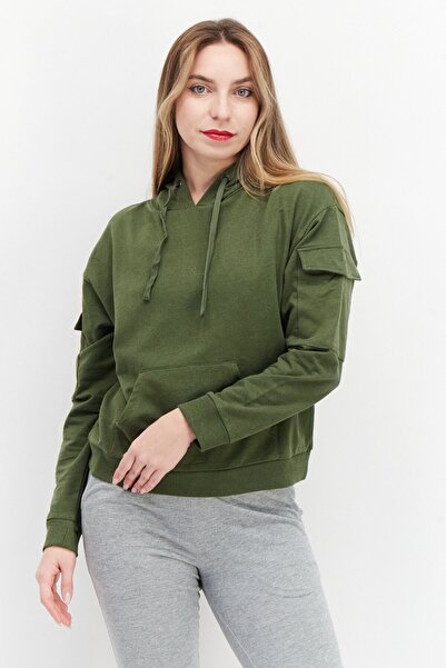 Brave Soul Women Long Sleeve Plain Hoodie, Olive