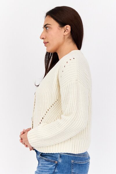 PİNK ROSE Women V-Neck Knitted Cardigan, Cream