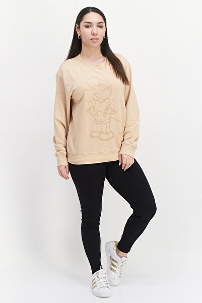 Mickey Mouse Women Crew Neck Long Sleeve Graphic Print Sweatshirt, Light Brown