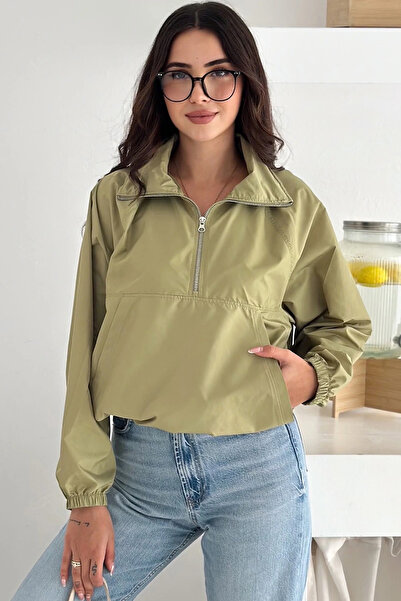 EFFEN Pistachio Green Raincoat with Half Zipper and Stopper