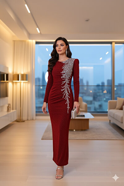 Robes Simli Işıltılı Kumaş Uzun Abiye Elbise - Taş İşlemeli Gece Elbisesi-0008