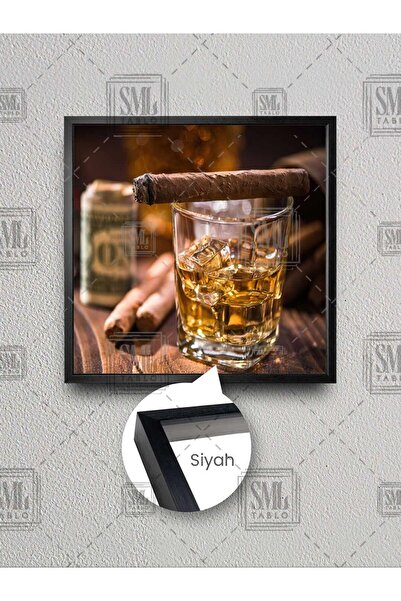 SML TABLO Cam Viski Bardağı ve Üzerinde Puro Dolar Çerçeveli Kare Kanvas Tablo