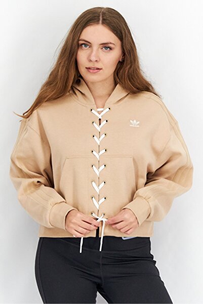 adidas هودي رياضي نسائي بأكمام طويلة مناسب للجري، بيج