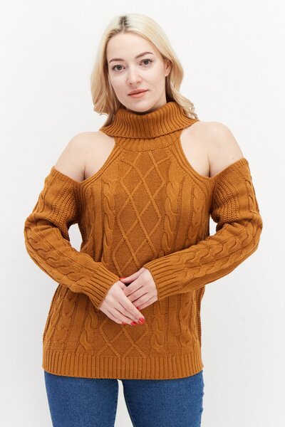 Brave Soul Women Turtle Neck Knitted Sweater, Brown