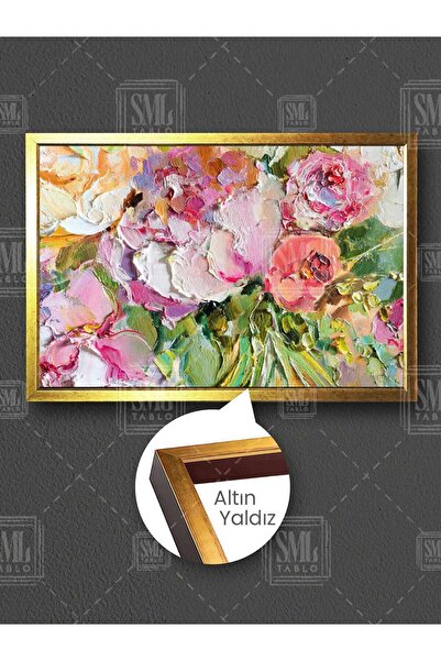 SML TABLO Pembe Gül Ortanca Çiçeği Buket Dekoratif Çerçeveli Yatay Kanvas Tablo