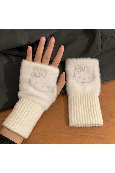 Gofeel Sanrio Hello Kity Taş İşlemeli Kadın Kışlık Parmaksız Beyaz Eldiven