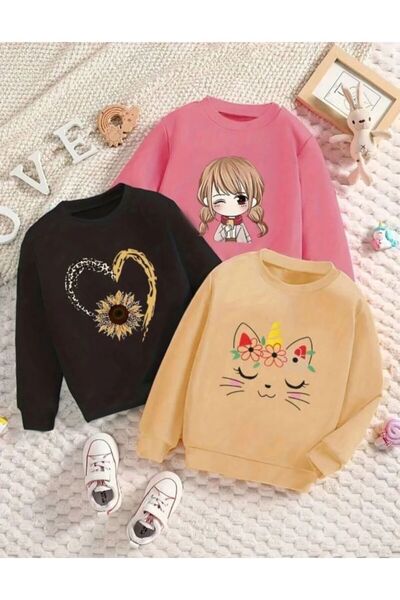 Kids 3'lü Çocuk Sweatshirt Seti Pembe Çocuk, Bej Gülen Kedi, Siyah Kalp Çiçek
