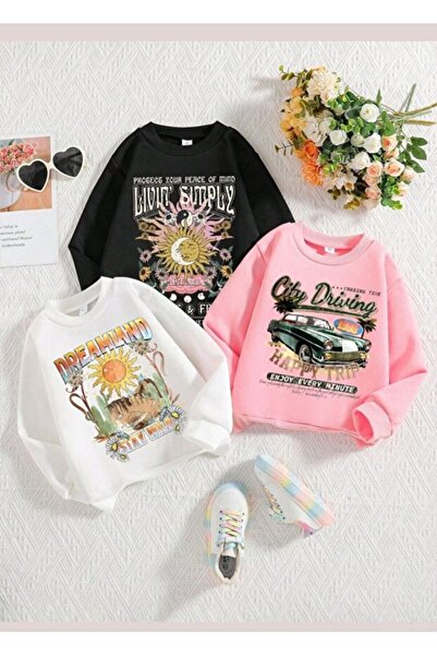 Kids 3'lü Çocuk Sweatshirt Seti Beyaz Güneş, Pembe Araba, Siyah Güneş