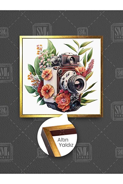 SML TABLO Aparat foto nostalgic, pictură pătrată pe pânză cu flori portocalii...