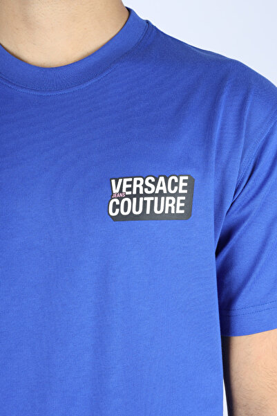 Versace Men's Regular Fit Round Neck Logo Pattern Short Sleeve Blue T-Shirt 79Gahp10Cj01P-289