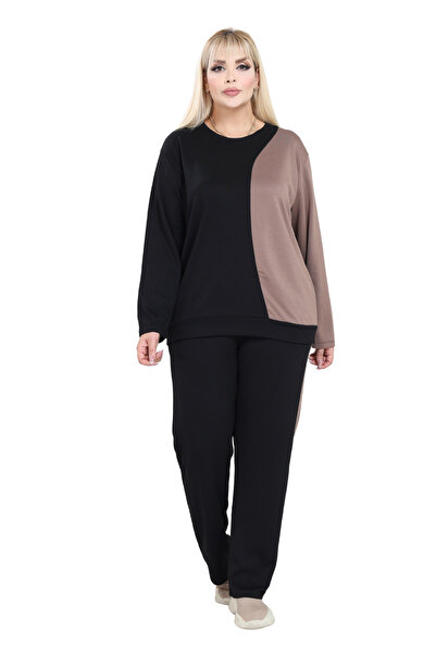 MELSAY Γυναικείο Σετ Φούτερ Modal Μεγάλου Μεγέθους Μαύρο-Μινκ Γαρνιρισμένο