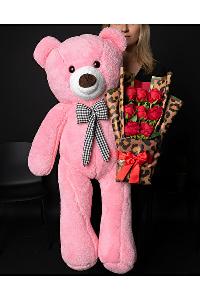 Linalux Gifts Leoparlı Kırmızı Gül Buketi ve 90cm Pembe Ayıcık - Sevgiliye Pe...
