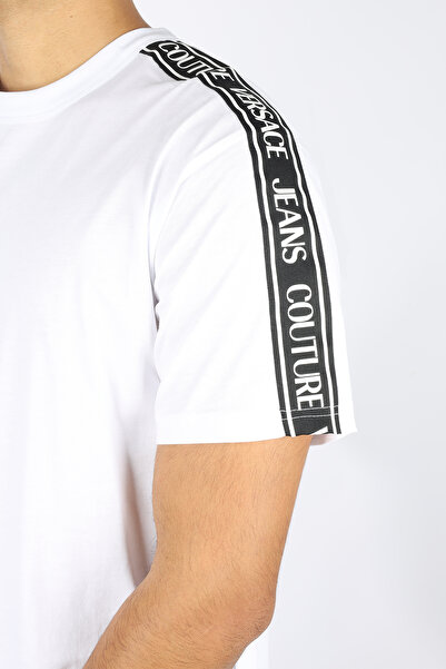 Versace Men's Regular Fit Round Neck Shoulder Logo Stripe Tape Short Sleeve White T-Shirt 79Gahc02Cj01C-003