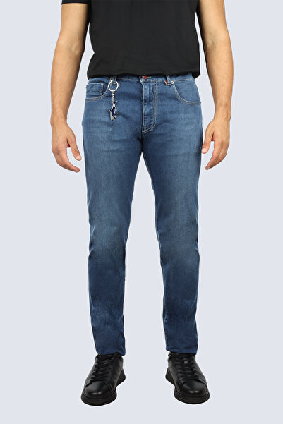 PAUL&SHARK Men's Regular Fit Vintage Patterned Cotton Denim Blue Trousers 15314100-J02