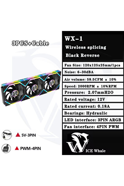 Choice1 مروحة تبريد علبة الكمبيوتر A-RGB Other Black Reverse 3 قطع ICE Whale WX-1 Wire-Splicing PC Case Cooling Fan ARGB Mirror Cycle Li