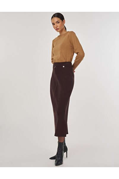 Kayra Zipper Detailed Knitwear Skirt Dark Brown