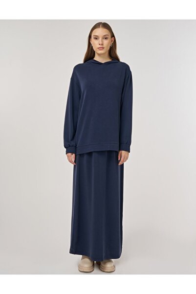 Kayra Hooded Detailed Skirted Two-Piece Set Navy Blue