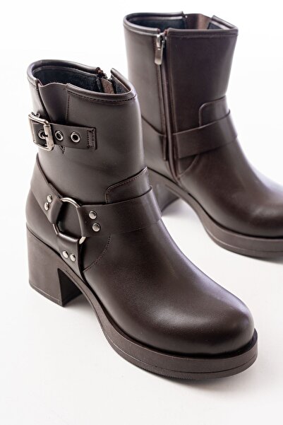 Budi 5109-3042 Brown Buckle Accessory Zippered Thick Heeled Daily Women's Boots