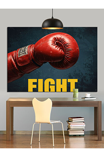 Tablo Mega Kırmızı Boks Eldiveni Ve Fıght Yazısı Dekoratif Kanvas - Mdf Ahşap...