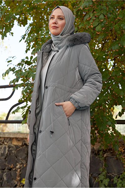 TRENDTESETTÜR Women's Grey Hooded Puffer Coat t 2007