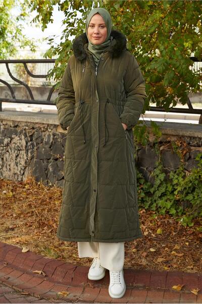 TRENDTESETTÜR Women's Khaki Hooded Puffer Coat t 2207