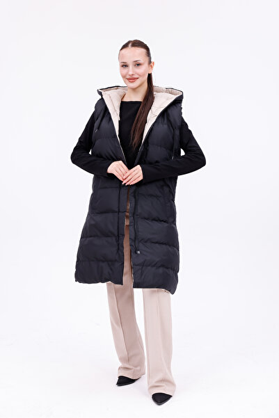 Modayıldızlar Μπεζ Μαύρο Μακρύ Φουσκωτό Γιλέκο Διπλής Όψης με κουκούλα